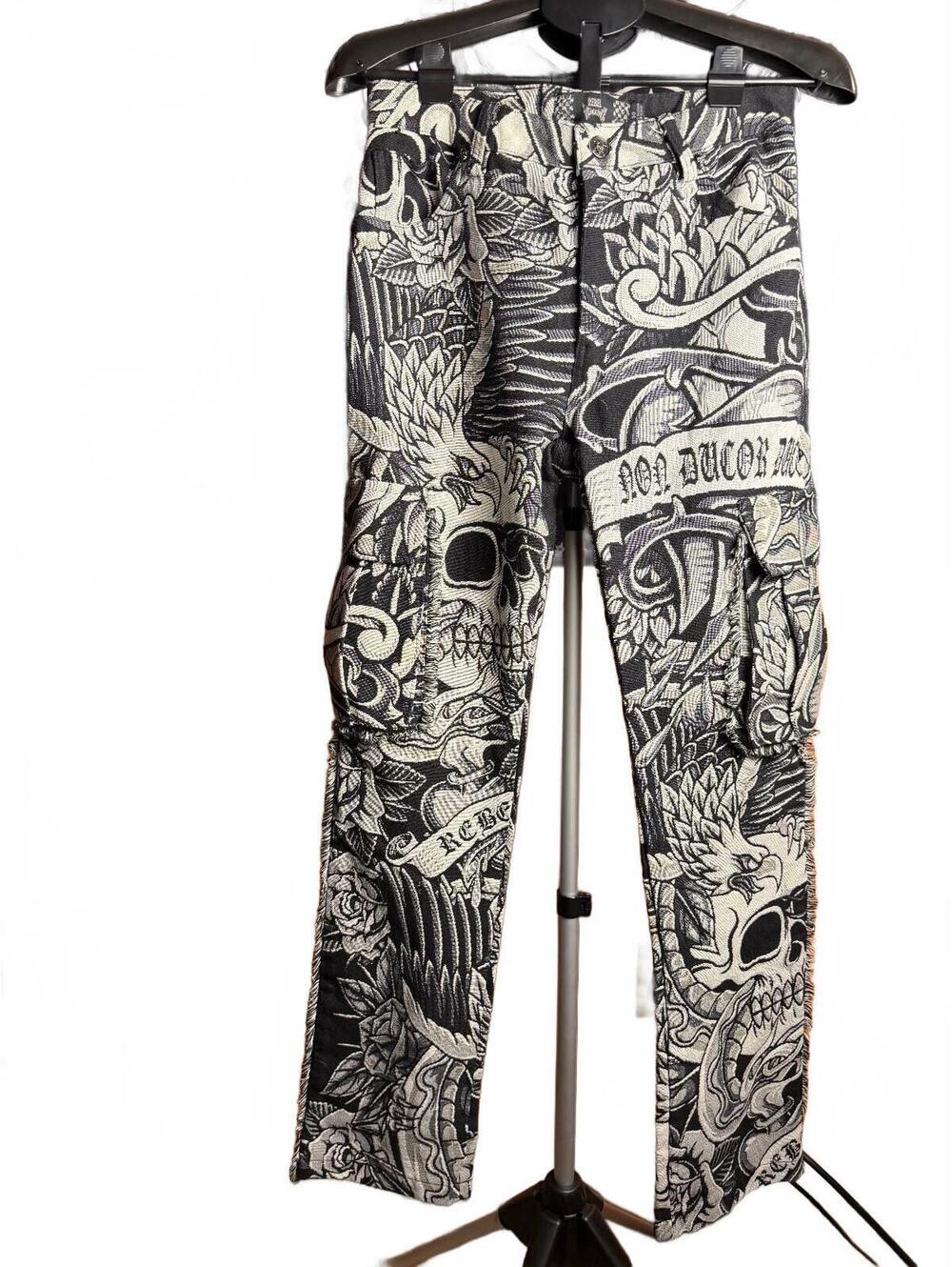 Rare Rebel Vengeance sz 30 Cargo Pants skull all over tattoo thick material